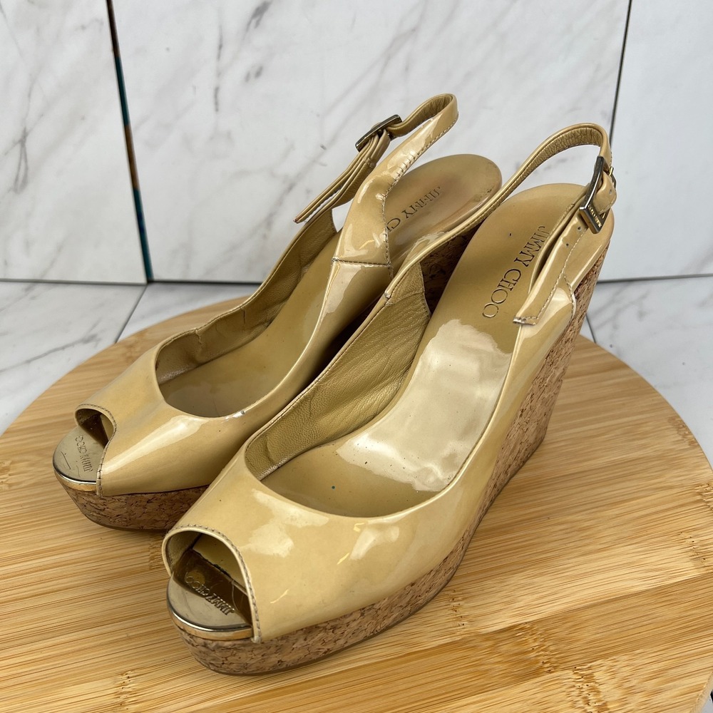 Jimmy Choo Prova Womens Size 6.5 EU 36.5 Yellow Patent Leather Cork Wedge Sandal - Picture 3 of 12